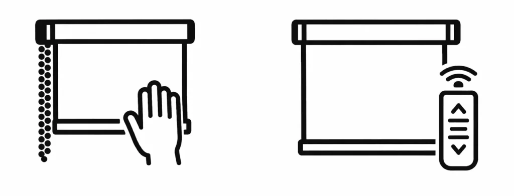 Iconos de cortinas roller manual y motorizada con control remoto, diseño minimalista en color negro.