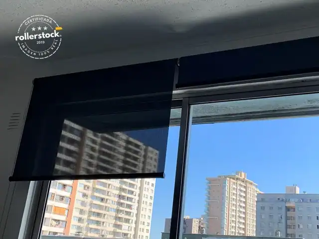 Cortina roller screen color grafito instalada en un living luminoso, filtrando la luz natural.