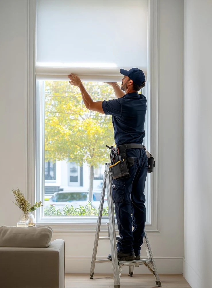 Técnico instalando una cortina roller