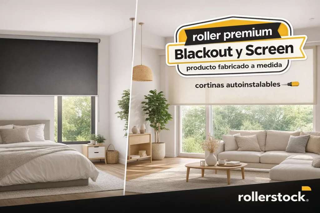 Cortinas roller premium blackout y screen a medida instaladas en dormitorio y living, control de luz y diseño moderno
