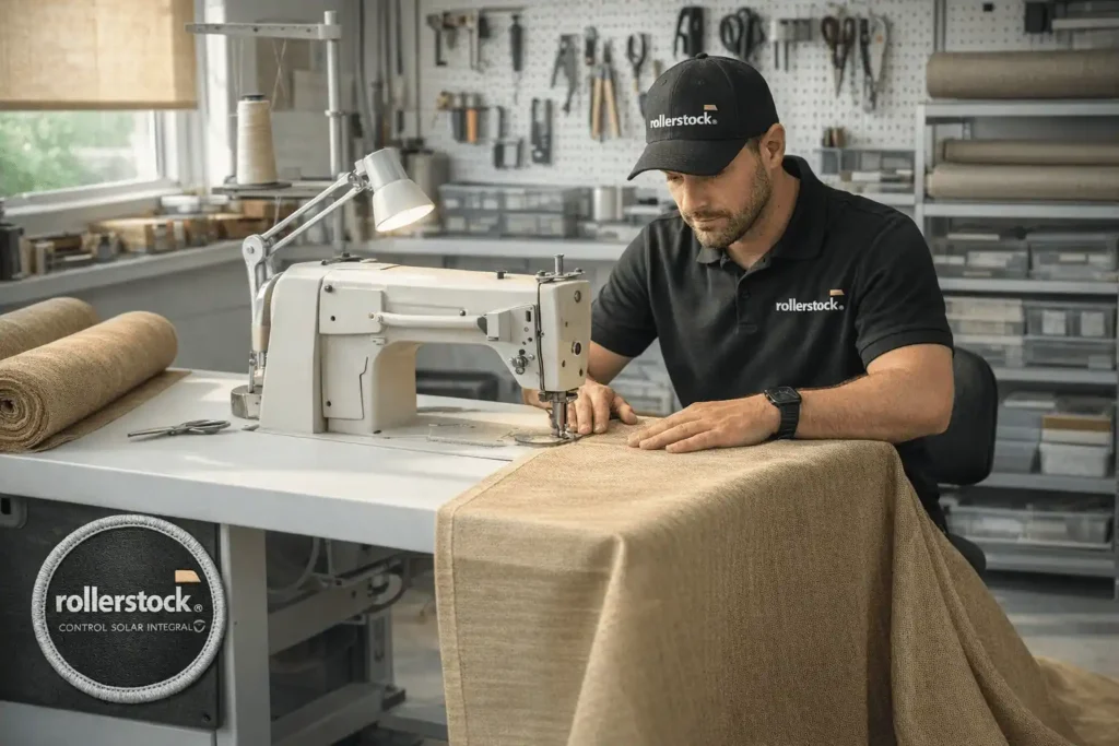 Técnico cosiendo malla HDPE en taller con máquina industrial para cortinas roller